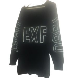 Black spell out Express sweater front has EXP